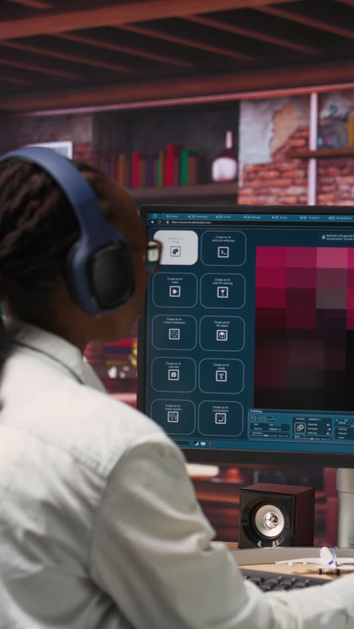 Vertical video Woman at home using AI software turning text prompt into photos, drinking coffee