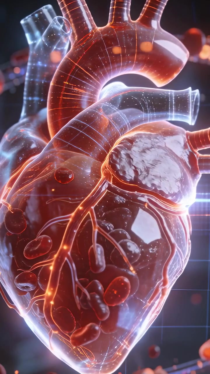 Vertical video: Camera zooming rotating heart in lab, revealing coronaries and pulsing filaments