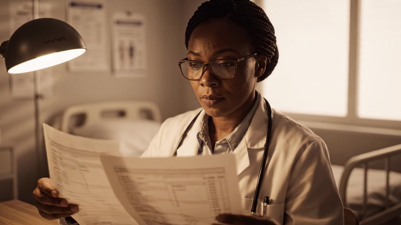 Una Dottoressa Concentrata che Esamina i Documenti dei Pazienti in una Stanza in Penombra, Mostrando Dedizione all'Assistenza Sanitaria e Attenzione ai Dettagli nella sua Professione
