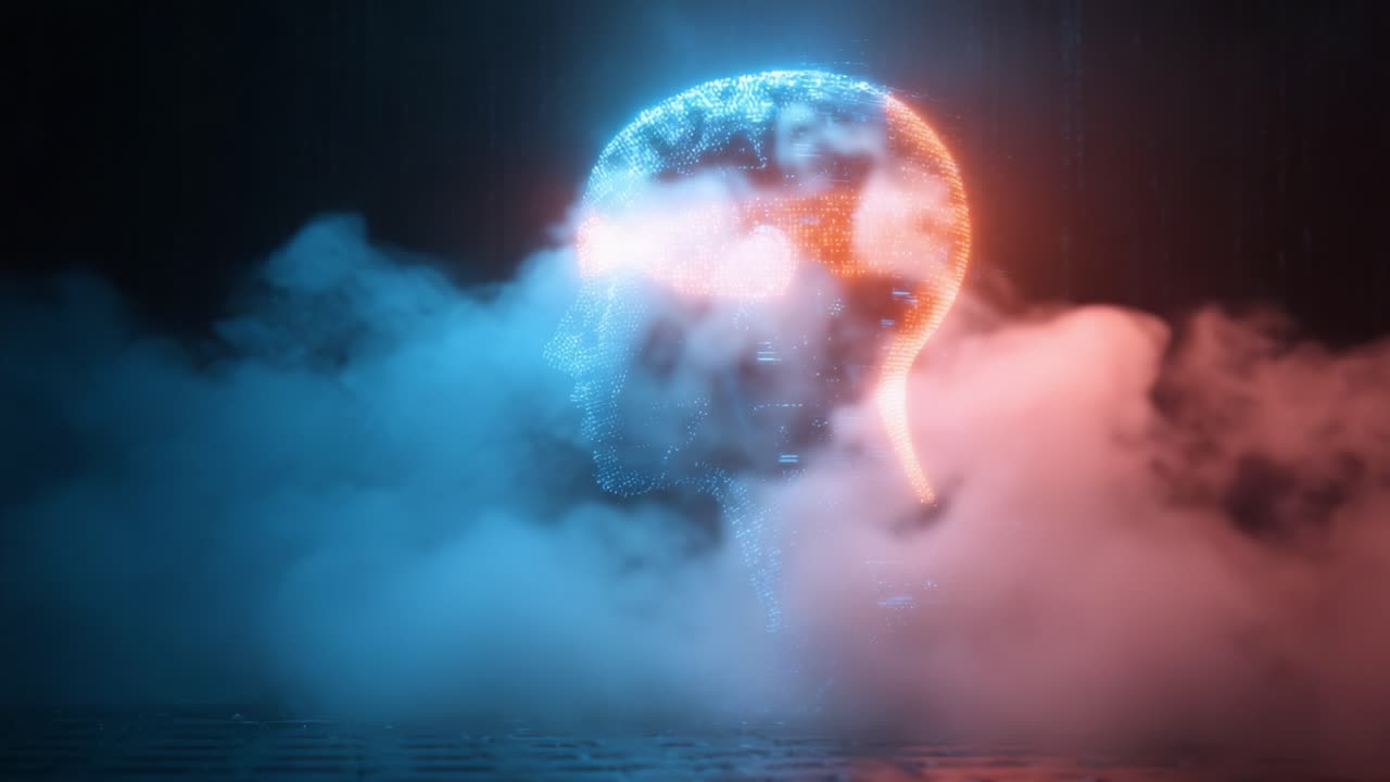 A Powerful Visual Representation of Artificial Intelligence and Digital Consciousness Amidst Ethereal Mist and Glowing Data Streams, Highlighting the Intersection of Technology and Human Thought