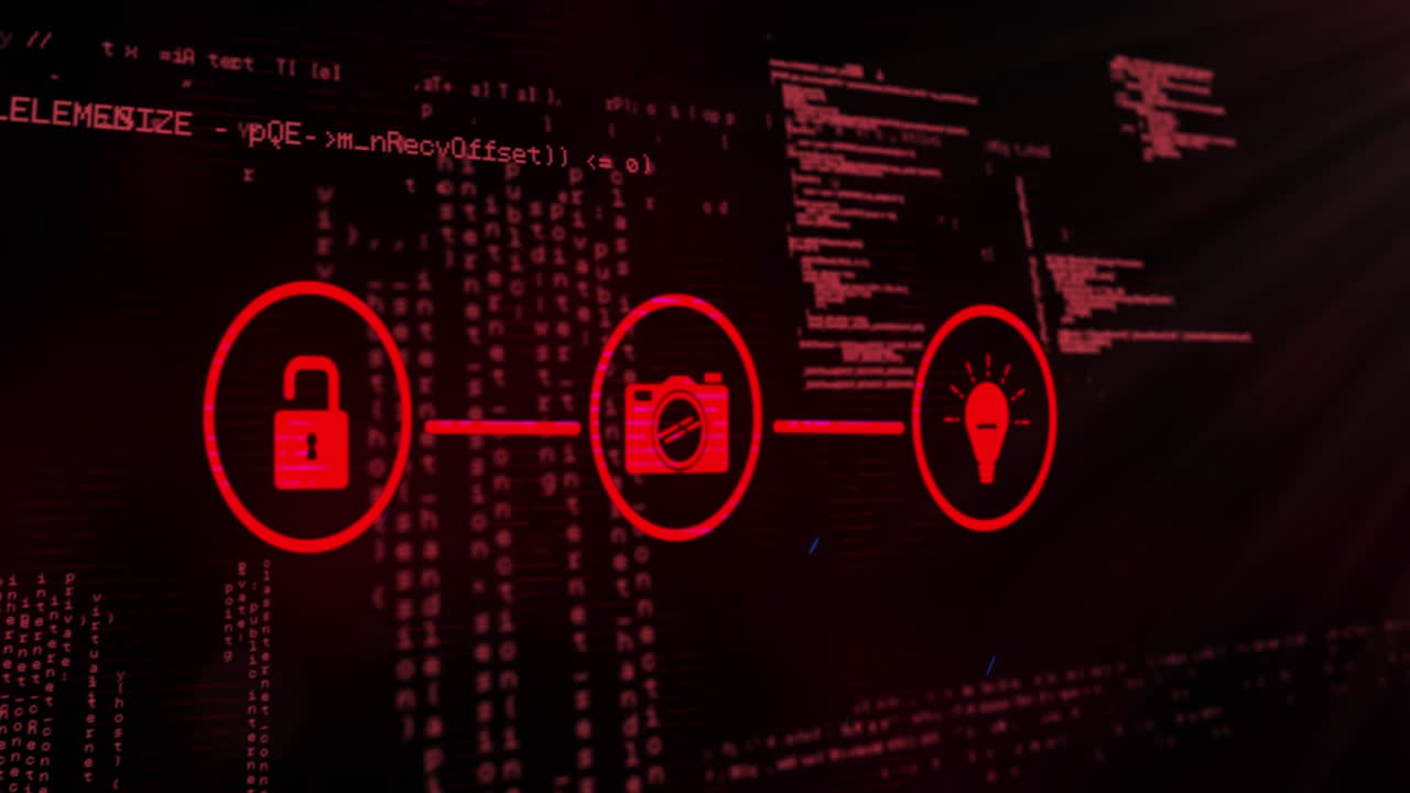 Animation of network of digital icons and data processing against black background