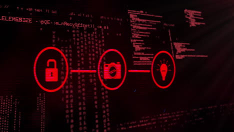 animación de la red de iconos digitales y procesamiento de datos contra un fondo negro.