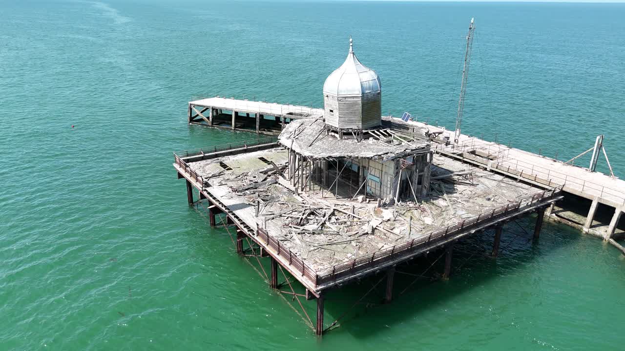 Herne bay derilict pier head in English Channel drone,aerial