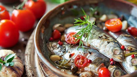 ceramic bowl containing delicious sprats seasoned with dill, cherry tomatoes, garlic and peppercorns, accompanied by fresh tomatoes and grilled garlic