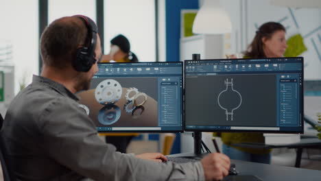 designer engineer putting on headphones working with technical cad program