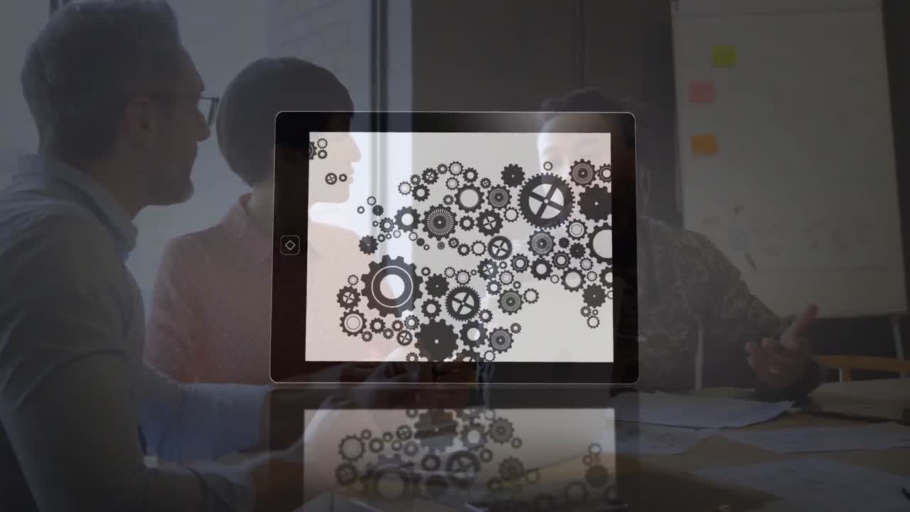 animación de engranajes girando sobre la gente de negocios