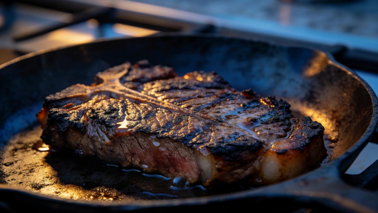 Searing bone-in marbled steak contacting hot cast-iron pan on stovetop, rendered fat pooling