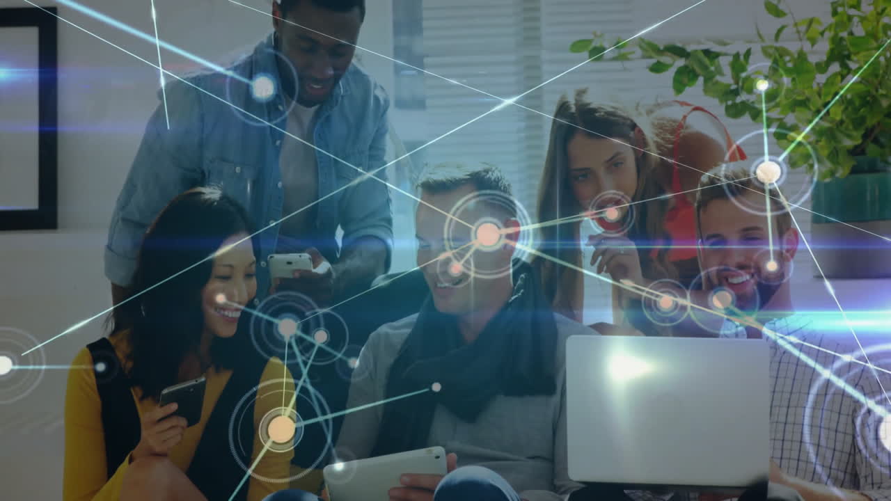 Using devices, diverse people connected in network with data processing animation
