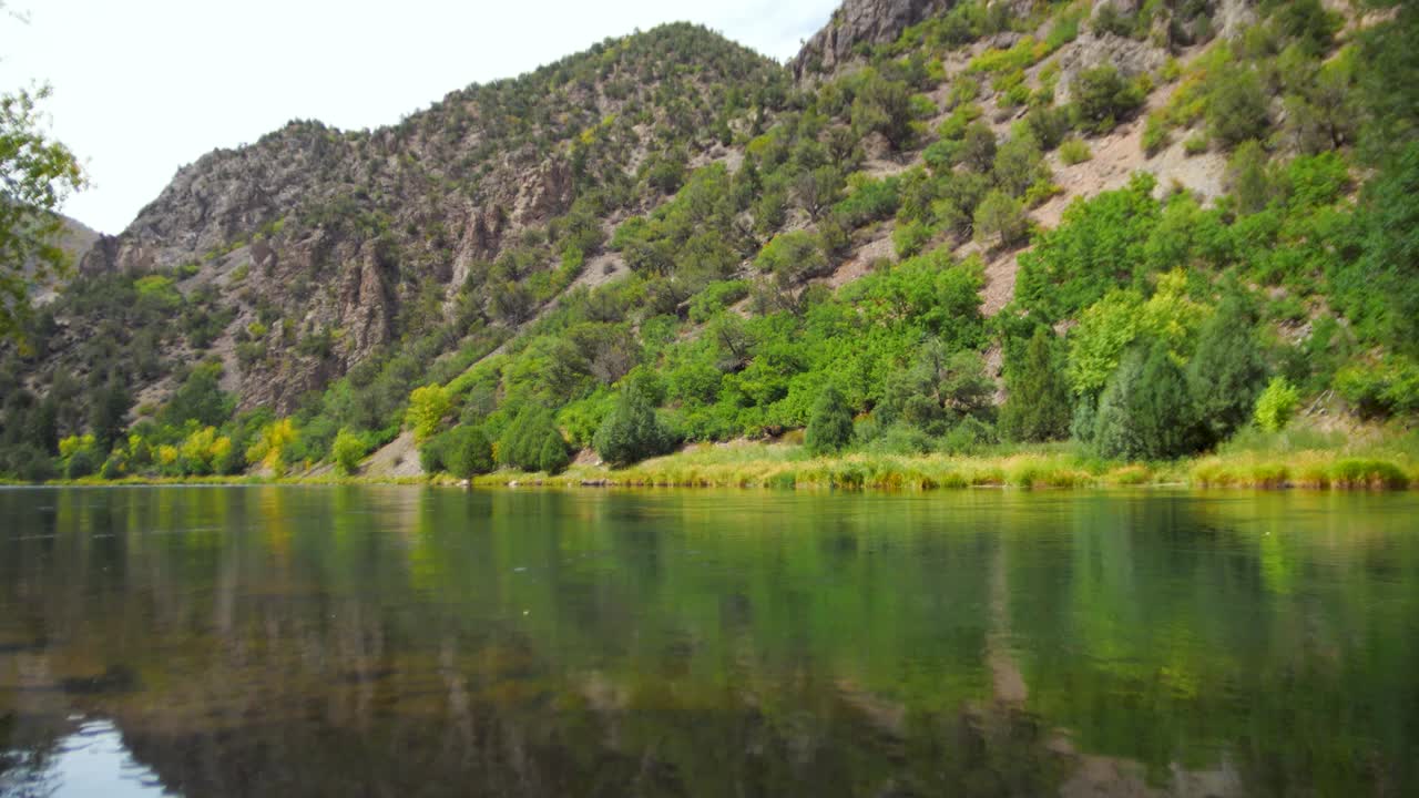 Crystal-clear, emerald-like water flows through Black Canyon of the Gunnison National Park, Colorado. Surrounded by lush green trees, gentle waves ripple from a soft breeze, rocky landscapes.