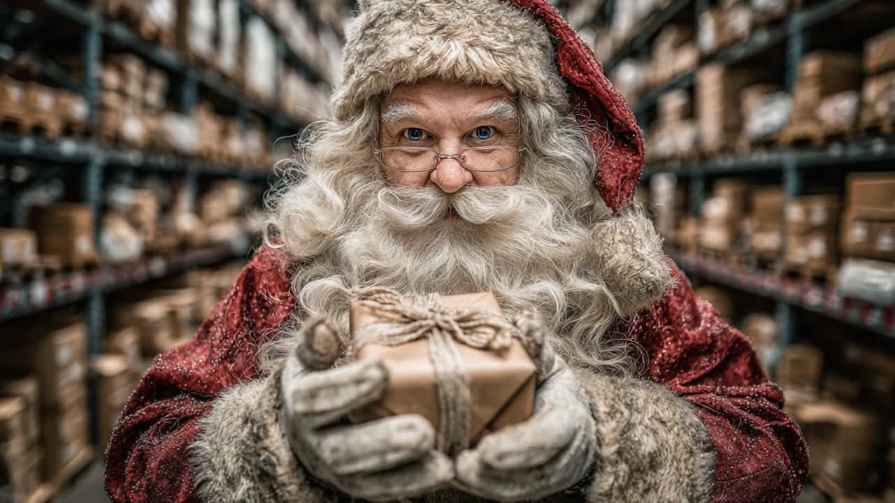 Cheerful Santa Claus in a Winter Wonderland Warehouse Holds a Gift, Surrounded by Presents in a Festive Atmosphere, Spreading Holiday Joy and Excitement to All