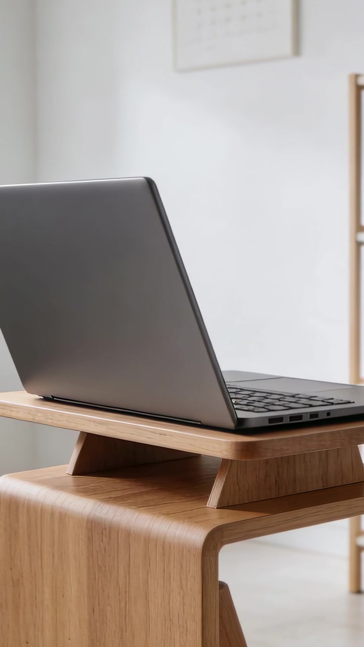 Video verticale: Telecamera che filma un laptop grigio, un rialzo, uno sgabello, una griglia, una scala a casa per l'esposizione.