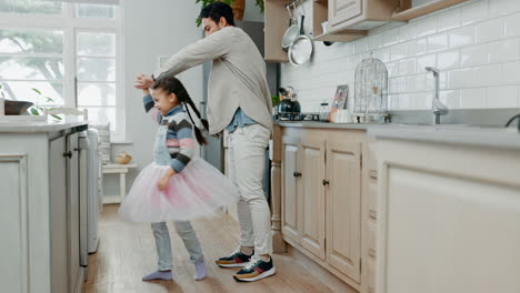 Ballet,-dance-and-father-with-daughter-in-kitchen