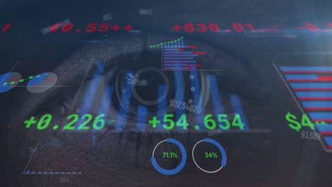 Animation-Von-Zahlen,-Datenverarbeitung,-über-Dem-Auge-Einer-Kaukasischen-Frau