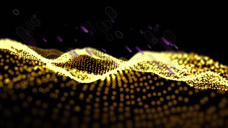 Animation-of-glowing-purple-light-trails-moving-over-undulating-landscape-of-contoured-gold-dots