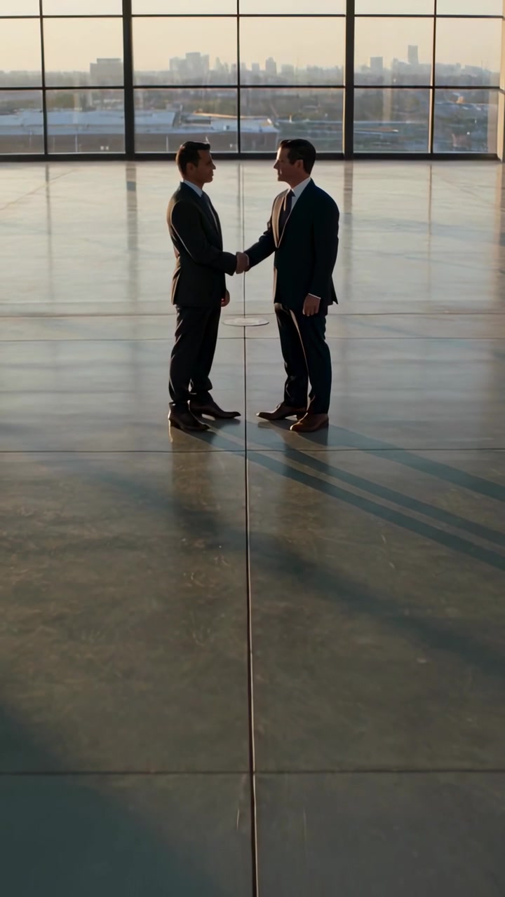 Video verticale: Due uomini in abiti scuri che entrano e si stringono la mano nell'atrio, con uno skyline di vetro che sigilla l'accordo.