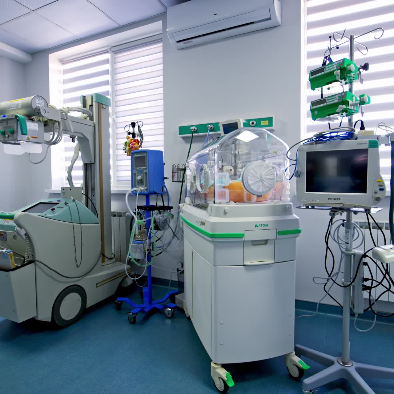 Ward in the pediatric department of maternity hospital. Special room for resuscitation of newborns with advanced equipment