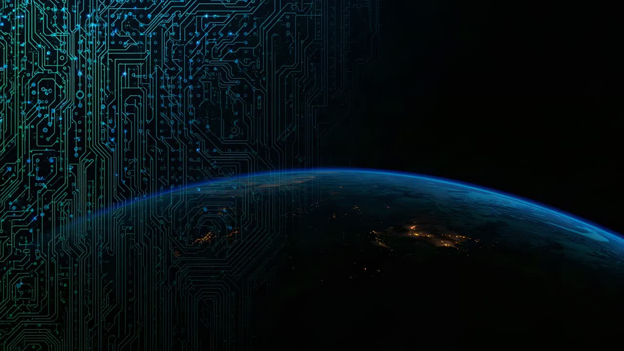 Starting top-left, turquoise circuit overlay moving across Earth in orbit, linking night lights