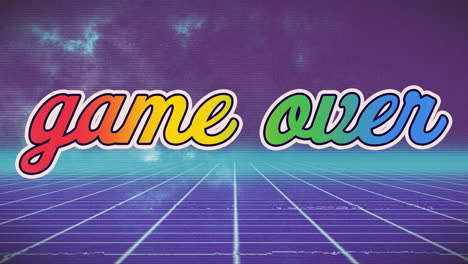 animación de un juego digital colorido sobre texto sobre patrón de cuadrícula contra fondo violeta, espacio de copia