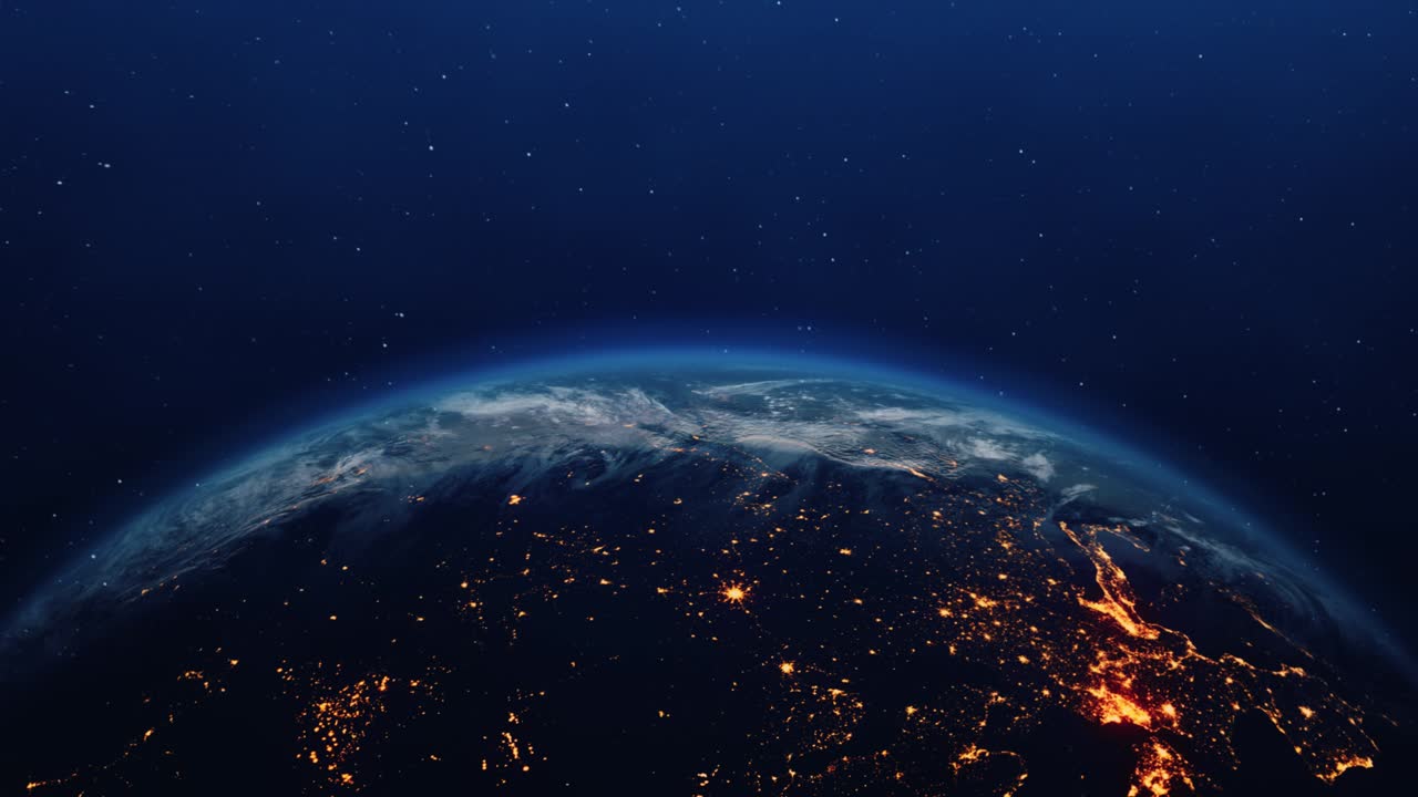 The night seen of planet earth city lights from the international space station space clouds sunsire