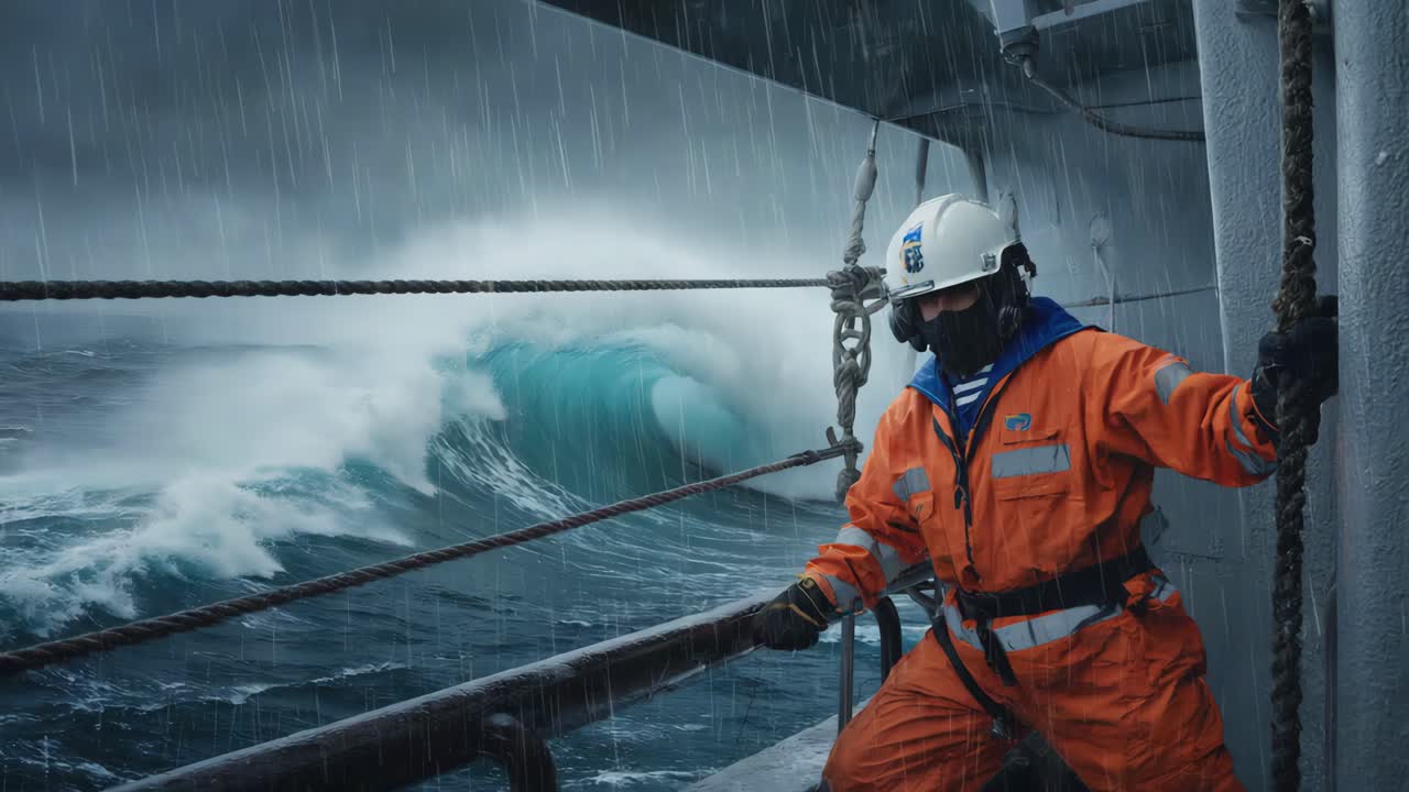 Seafarer on a Ship Deck During a Storm with Large Waves