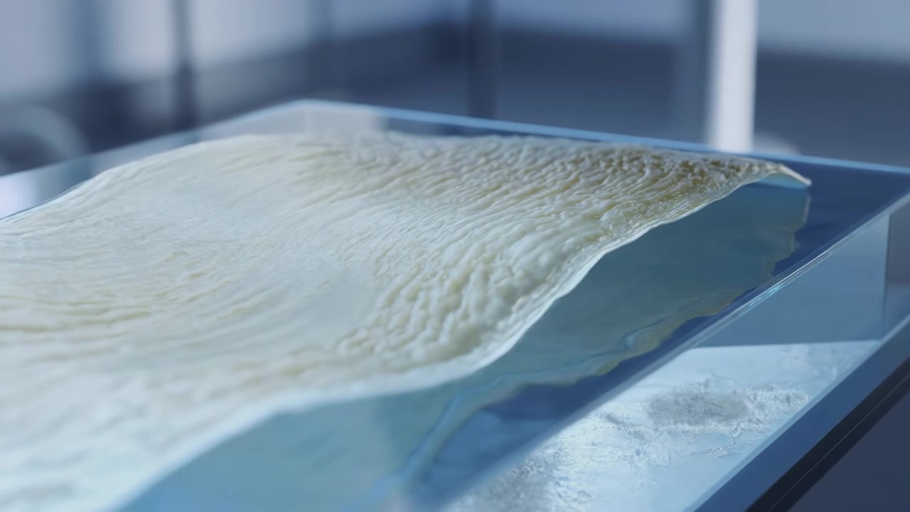 Close view shows pale textured material resting on transparent glass as slight movement changes surface angle, highlighting fine fibers, uneven edges, soft shadows, and calm modern indoor composition.