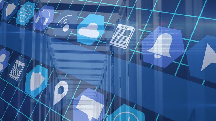 Animation of media icons over server room