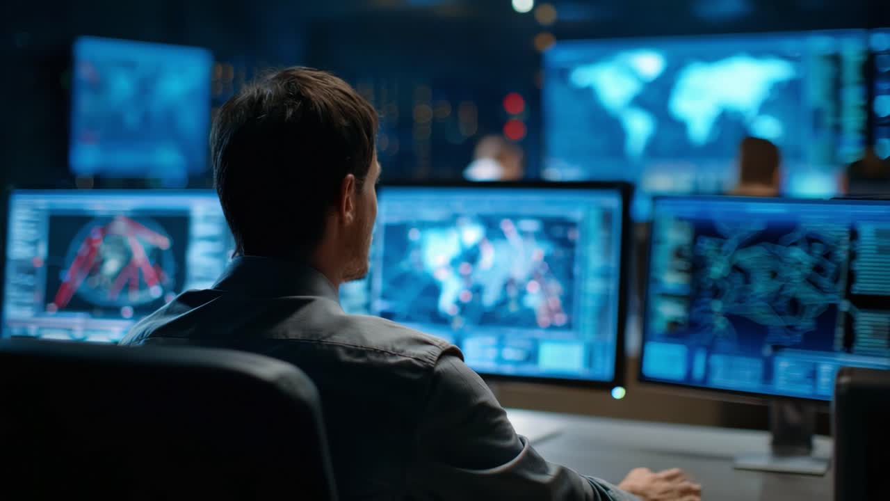 A Focused Operator Analyzes Complex Data Visualizations on Multiple Screens in a High-Tech Control Room Environment, Highlighting the Importance of Real-Time Information Gathering