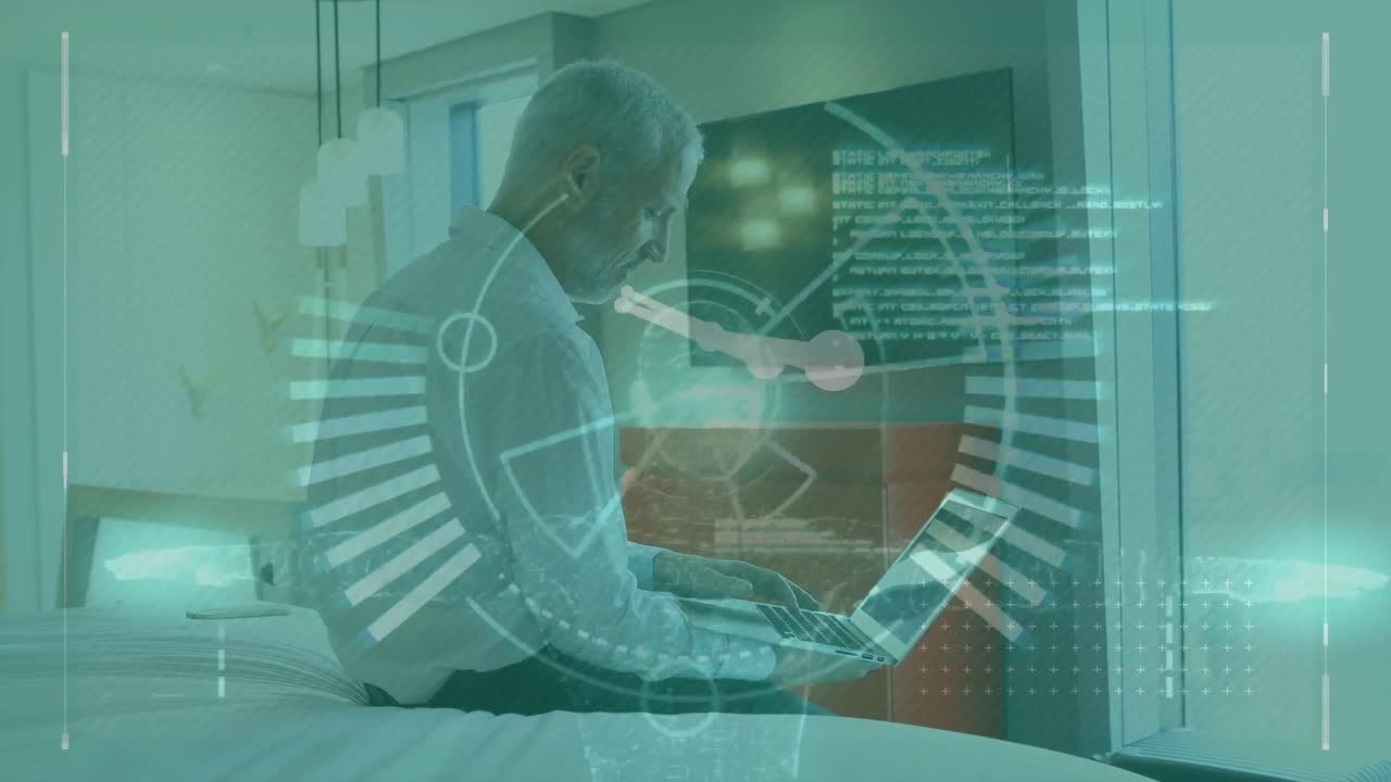 Round scanner and data processing over caucasian senior businessman using laptop sitting on the bed