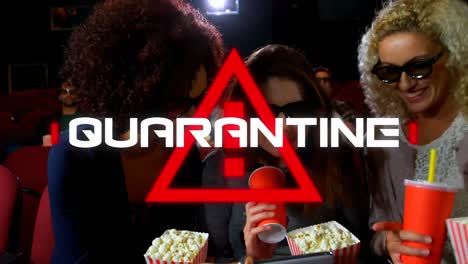 Animation-of-covid-19-quarantine-text-over-warning-triangle-and-people-in-3d-cinema