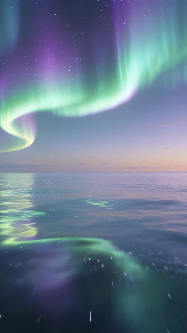Video verticale: Cortina aurorale fluida che si muove sul mare al crepuscolo, riflettendo bagliori verdi e viola.