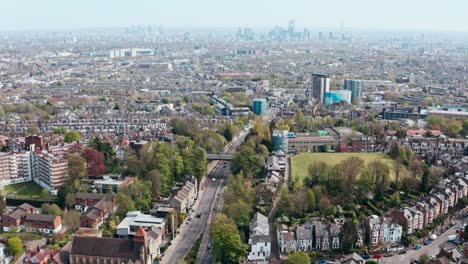 High-establishing-drone-shot-of-Archway-bridge-A1-road-into-London