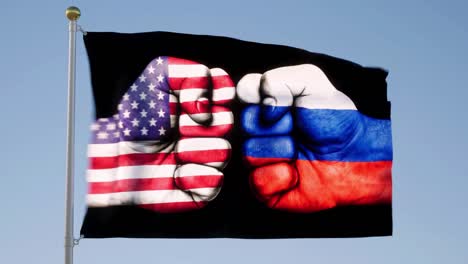 an abstract concept of the united states of america versus russia, depicted by a closed fist flag of both countries blowing in the wind against a clear blue sky