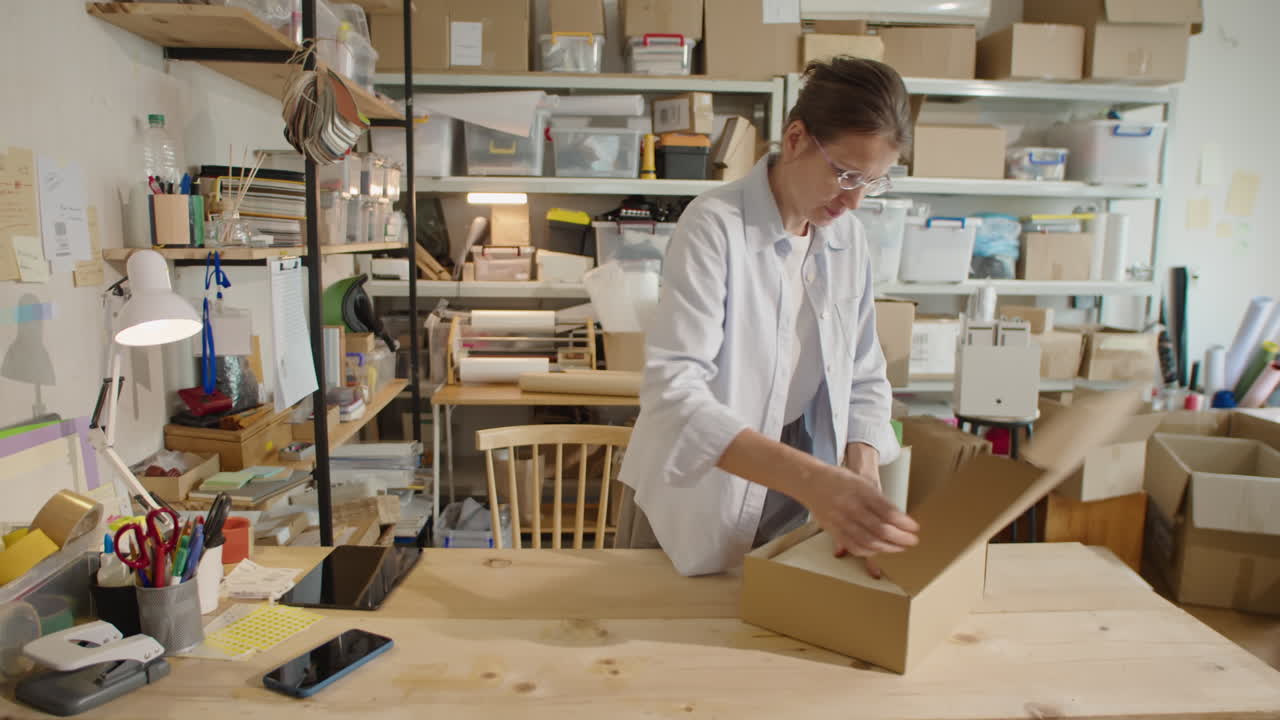 Woman Packing Clothes into Parcel Box in Online Store Warehouse