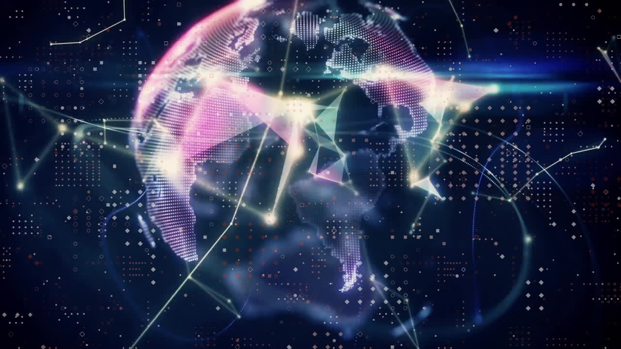 Animation of light trails over globe with network of connections on black background