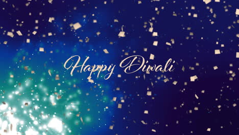 happy diwali text animation over sparkling confetti on blue background