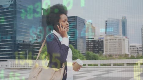animación de la junta comercial, mujer afroamericana caminando y hablando por teléfono celular sosteniendo café