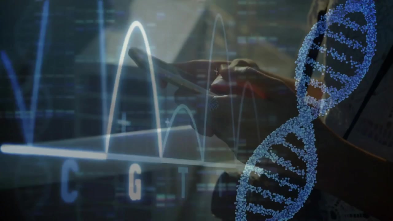 Researcher tapping touchscreen and tracking nucleotide waveform changes with 3D helix for genomics