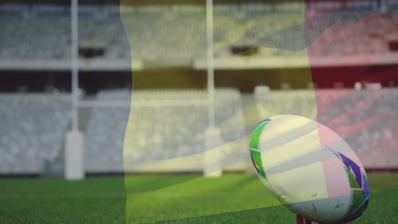 In stadium, rugby ball on kicking tee with goalposts in background, animation