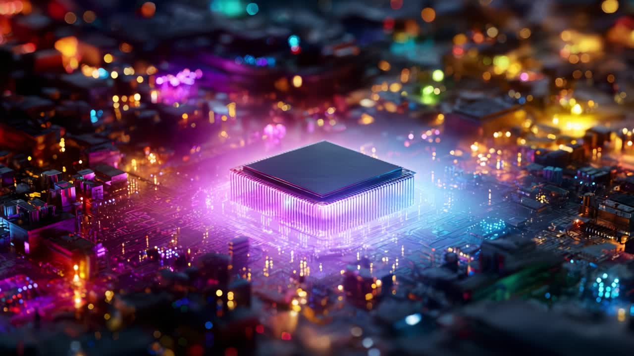 A Stunning Visualization of a Modern Microchip Over a Circuit Board, Highlighting Vibrant Colors and Intricate Details in a Futuristic Tech Environment