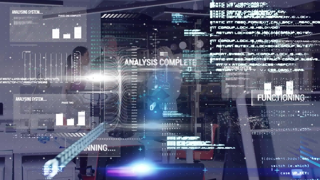 Animation of data processing on digital screen over diverse businesspeople in office