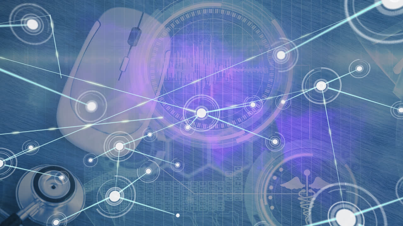 마우스와 스테토스코프로 의사의 책상 위에 아이콘으로 연결된 네트워크의 애니메이션