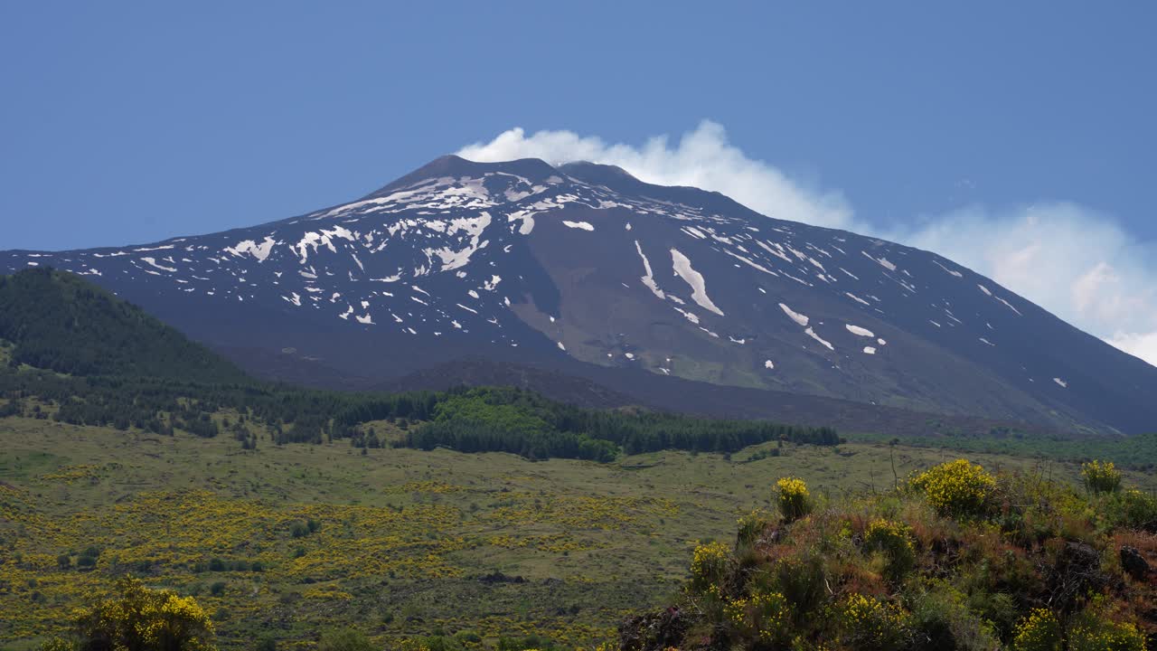 Scenic landscapes of smoking Mt. Etna, Volcano in spring, Sicily, Italy