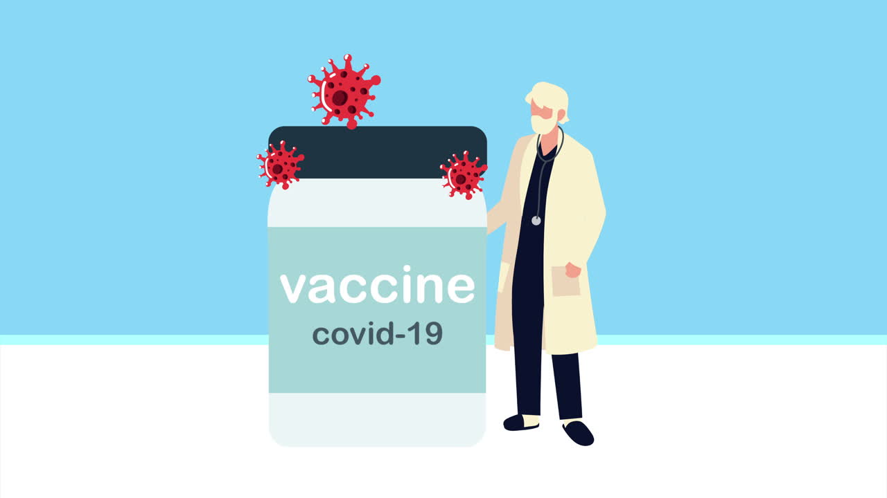 old male doctor with vaccine vial and particles