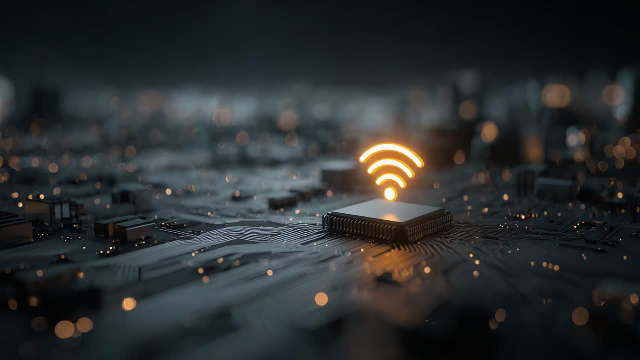 Exploring the Future of Connectivity: A Close-Up of a Circuit Board Featuring a Wi-Fi Symbol Illuminated Against an Abstract Technology Background