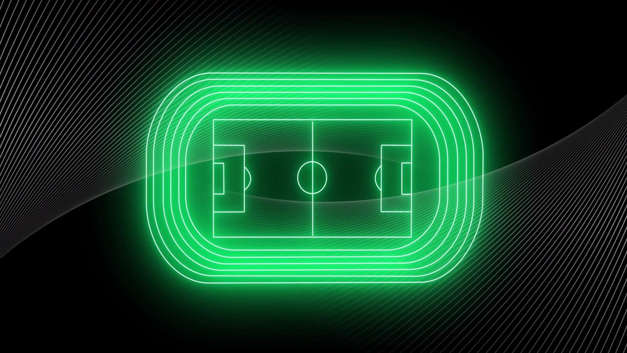Neon lines emerging curving into oval border, wave sweeping through soccer pitch for visualization