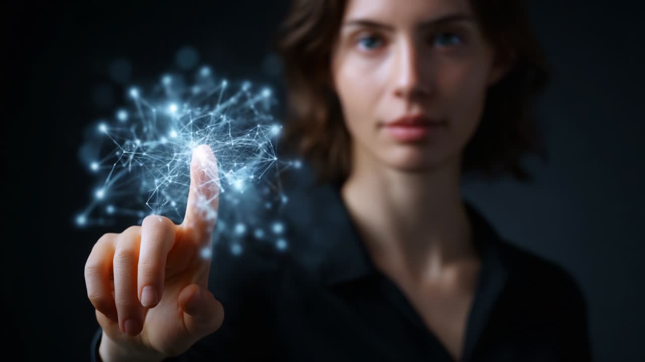 Uma mulher interage com uma exibição fascinante de luz e conexões digitais, mostrando a intersecção da tecnologia e do toque humano, revelando a dinâmica da inovação e do engajamento digital.