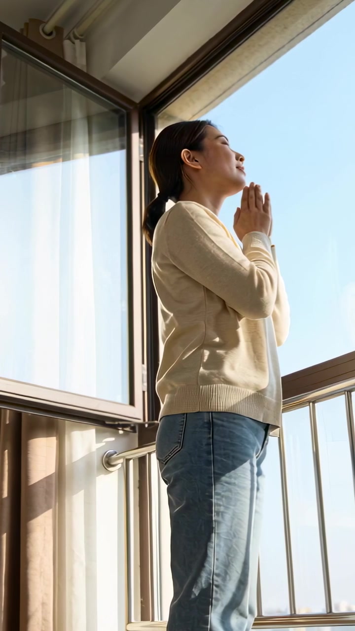 Video verticale: Donna in piedi con un maglione che prega a una finestra aperta, la luce del sole che infonde calma.
