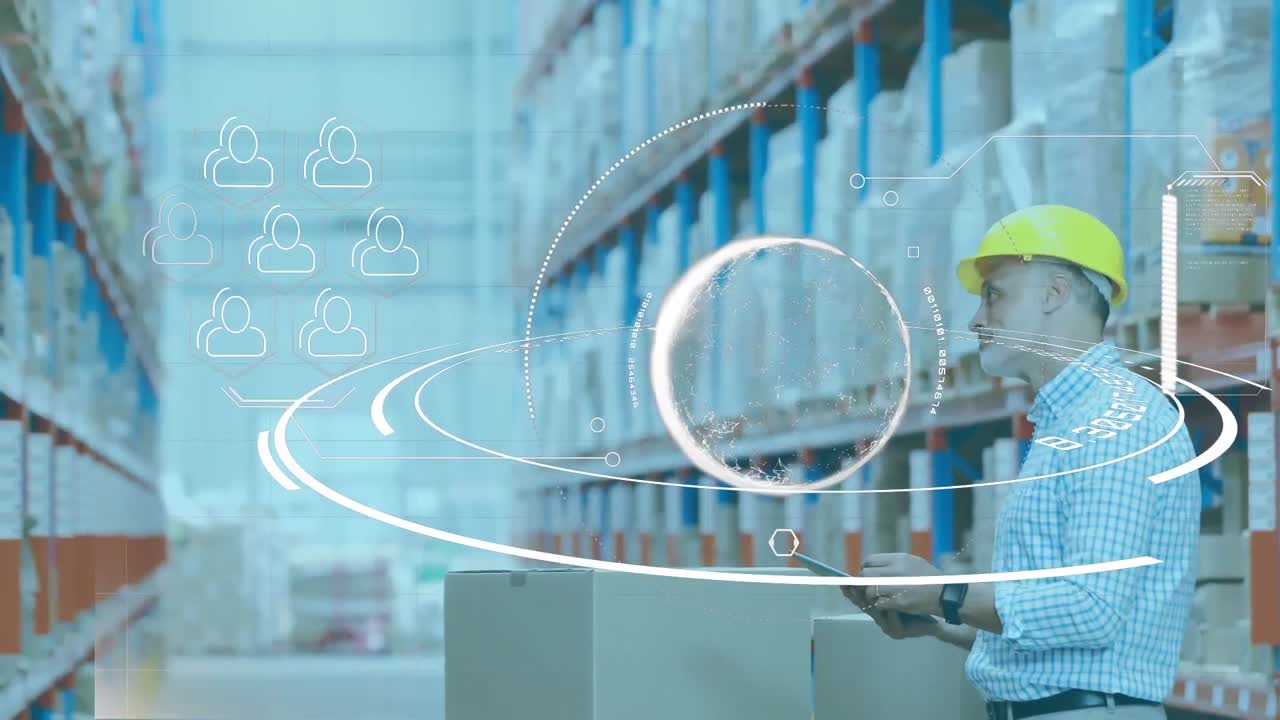 animación de escaneo de alcance y globo sobre el hombre usando tableta en el almacén