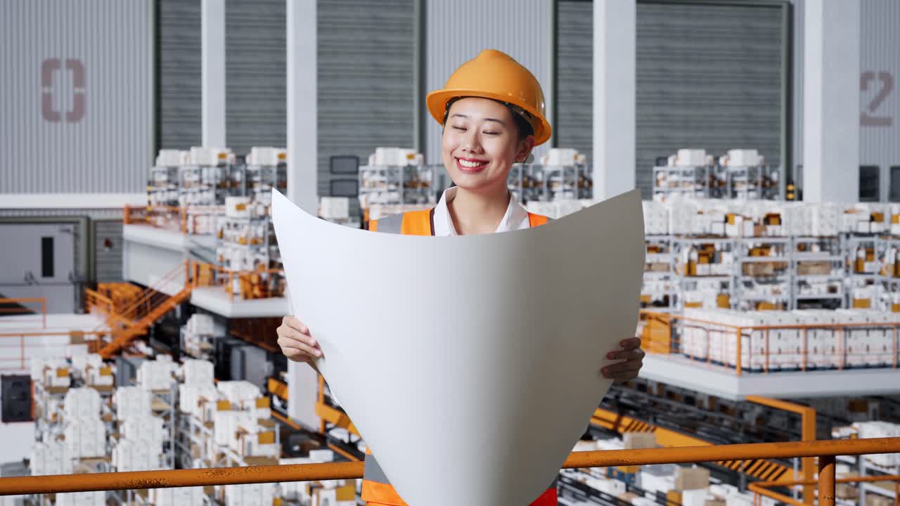 안전 헬을 입은 아시아 여성 엔지니어가 손에 블루프린트를 들고 배달품으로 가득 찬 선반으로 창고에 서 있는 동안 주변을 둘러보고 있습니다.