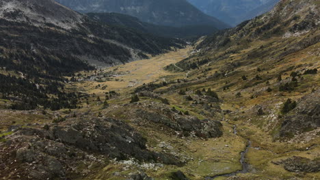 flight over the large valley in the mountains of puymorens